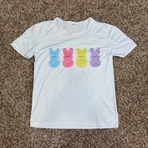 White Short Sleeve Tee with Pastel Bunny Graphic Peeps Easter Shirt
